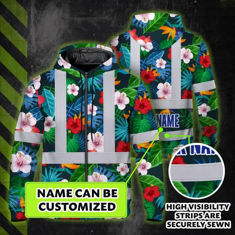 Hi Vis Zip Hoodie Reflective Tapes Red Neon Pink Flowers Custom Name Safety Workwear For Workers, Truckers, Operators