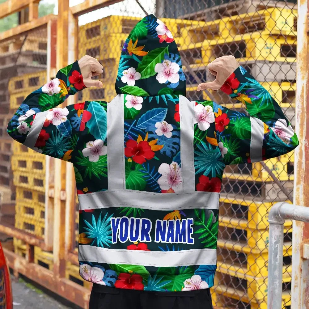 Hi Vis Zip Hoodie Reflective Tapes Red Neon Pink Flowers Custom Name Safety Workwear For Workers, Truckers, Operators