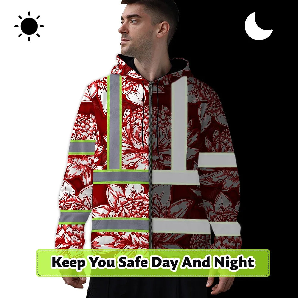 Hi Vis Zip Hoodie Reflective Tapes Red Neon White Protea Custom Name Safety Workwear For Workers, Truckers, Operators