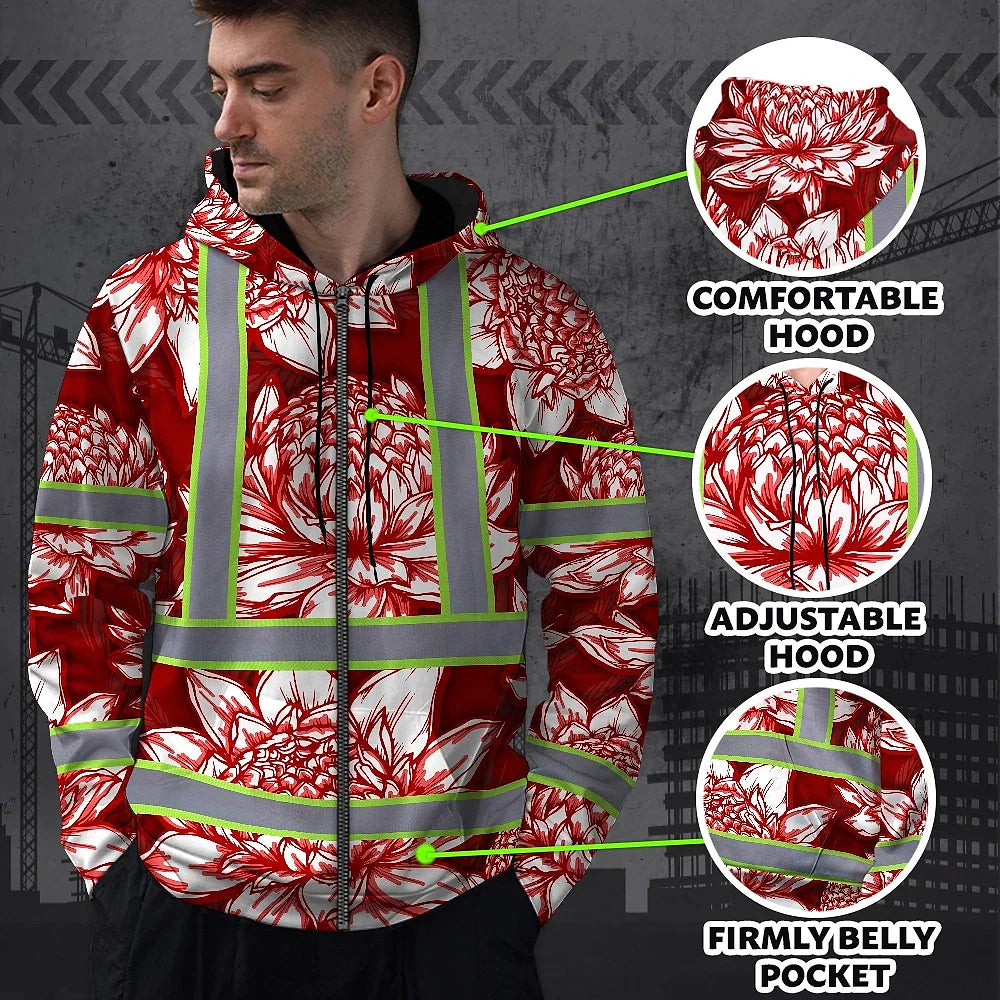 Hi Vis Zip Hoodie Reflective Tapes Red Neon White Protea Custom Name Safety Workwear For Workers, Truckers, Operators