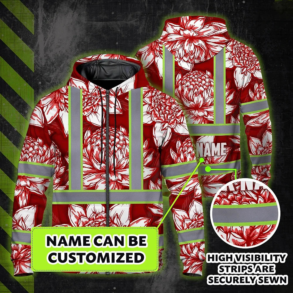 Hi Vis Zip Hoodie Reflective Tapes Red Neon White Protea Custom Name Safety Workwear For Workers, Truckers, Operators