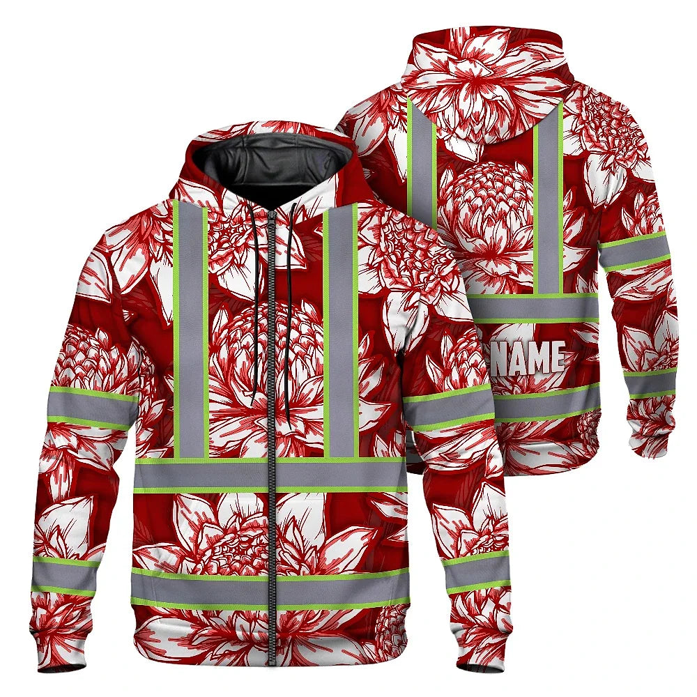 Hi Vis Zip Hoodie Reflective Tapes Red Neon White Protea Custom Name Safety Workwear For Workers, Truckers, Operators