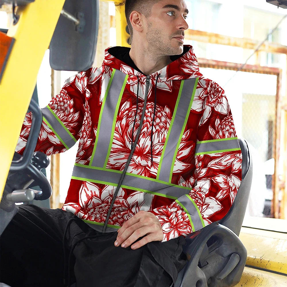 Hi Vis Zip Hoodie Reflective Tapes Red Neon White Protea Custom Name Safety Workwear For Workers, Truckers, Operators