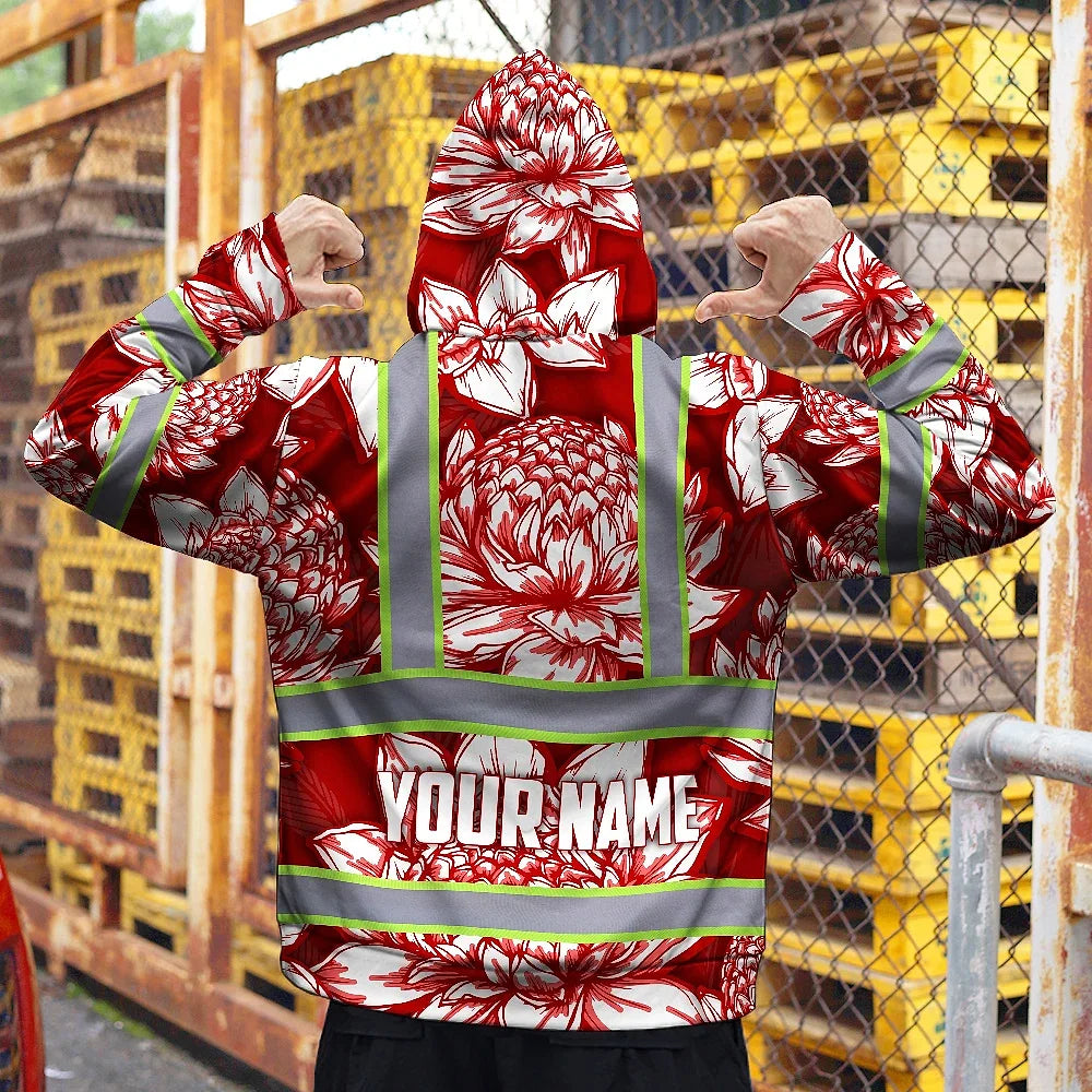 Hi Vis Zip Hoodie Reflective Tapes Red Neon White Protea Custom Name Safety Workwear For Workers, Truckers, Operators