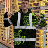 Hi Vis Zip Hoodie Reflective Tapes Sea Turtle Hawaiian Polynesian Tribal Custom Name Safety Workwear For Workers, Truckers, Operators