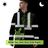 Hi Vis Zip Hoodie Reflective Tapes Sea Turtle Hawaiian Polynesian Tribal Custom Name Safety Workwear For Workers, Truckers, Operators