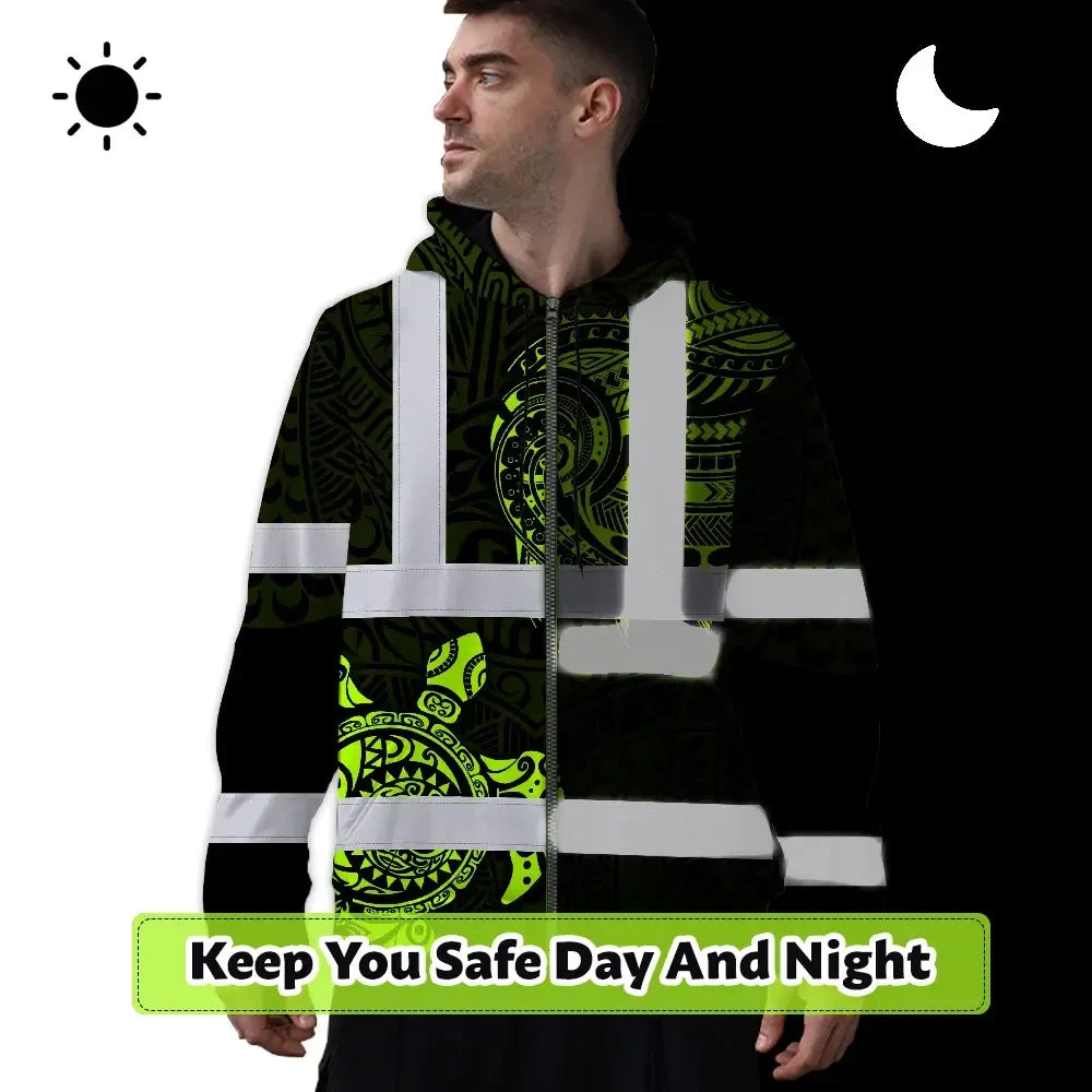 Hi Vis Zip Hoodie Reflective Tapes Sea Turtle Hawaiian Polynesian Tribal Custom Name Safety Workwear For Workers, Truckers, Operators
