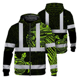Hi Vis Zip Hoodie Reflective Tapes Sea Turtle Hawaiian Polynesian Tribal Custom Name Safety Workwear For Workers, Truckers, Operators
