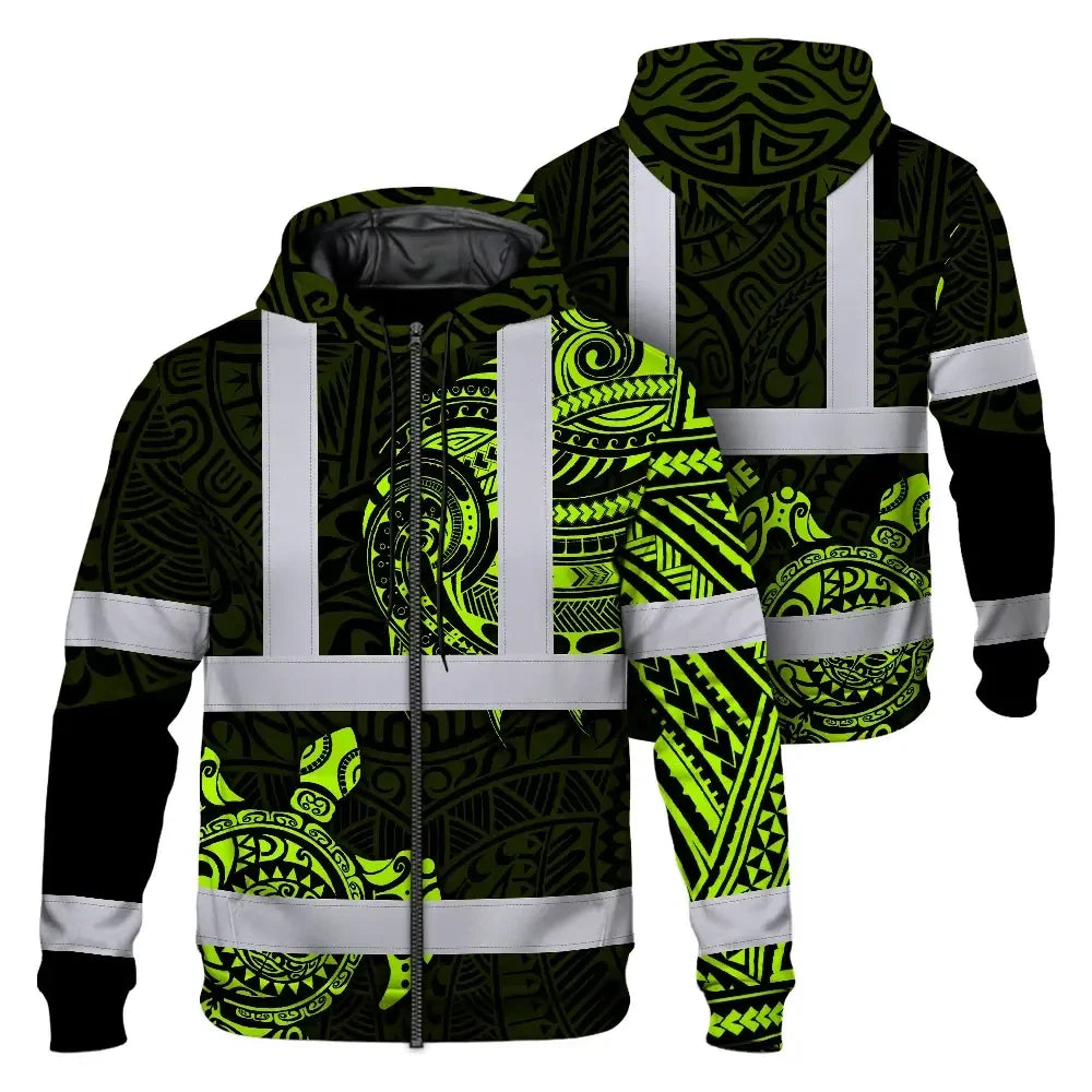 Hi Vis Zip Hoodie Reflective Tapes Sea Turtle Hawaiian Polynesian Tribal Custom Name Safety Workwear For Workers, Truckers, Operators