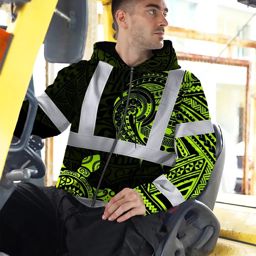 Hi Vis Zip Hoodie Reflective Tapes Sea Turtle Hawaiian Polynesian Tribal Custom Name Safety Workwear For Workers, Truckers, Operators