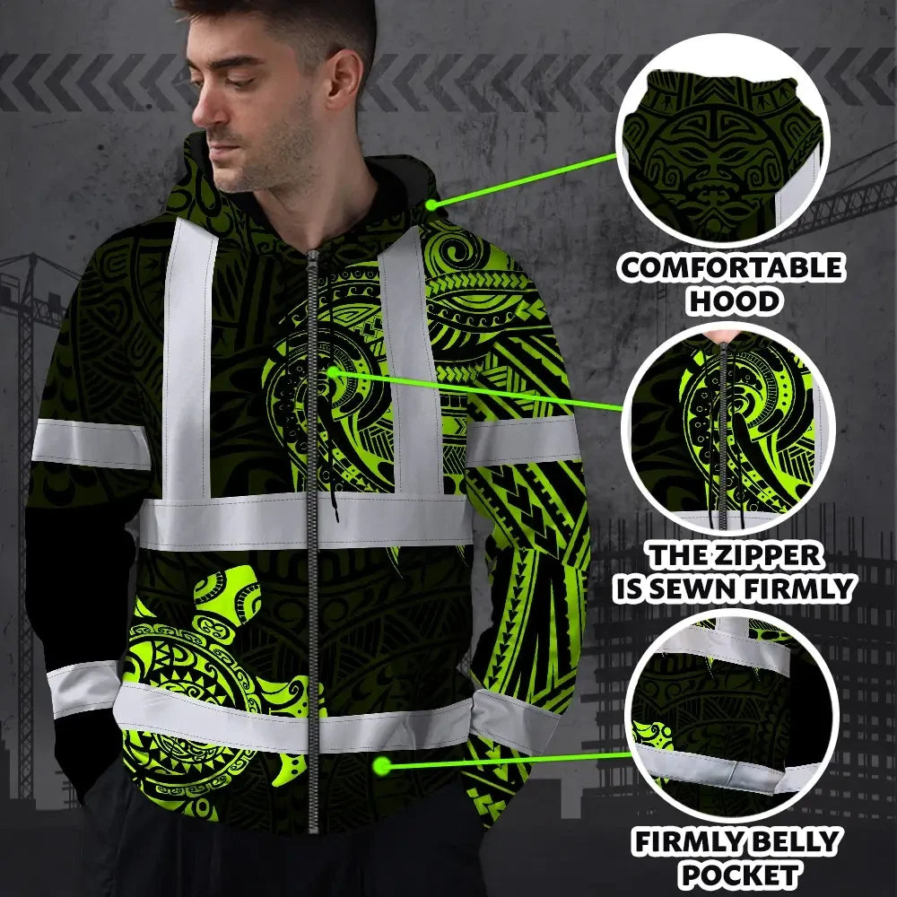 Hi Vis Zip Hoodie Reflective Tapes Sea Turtle Hawaiian Polynesian Tribal Custom Name Safety Workwear For Workers, Truckers, Operators