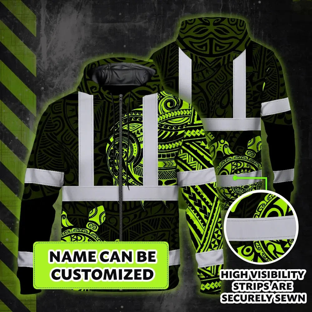 Hi Vis Zip Hoodie Reflective Tapes Sea Turtle Hawaiian Polynesian Tribal Custom Name Safety Workwear For Workers, Truckers, Operators