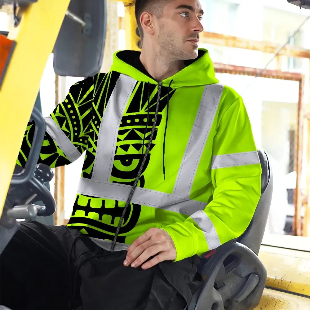 Hi Vis Zip Hoodie Reflective Tapes TiKi Hawaiian Polynesian Tribal Custom Name Safety Workwear For Workers, Truckers, Operators