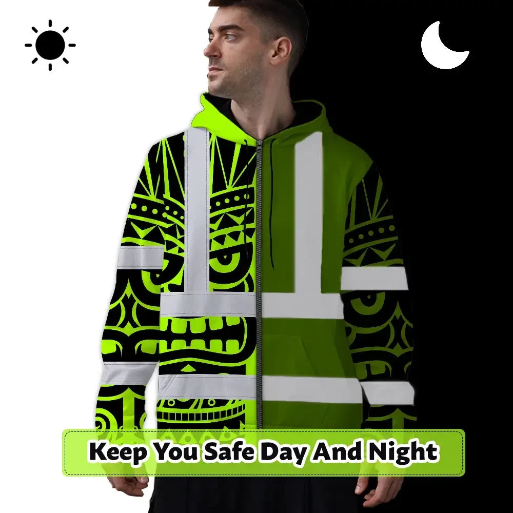 Hi Vis Zip Hoodie Reflective Tapes TiKi Hawaiian Polynesian Tribal Custom Name Safety Workwear For Workers, Truckers, Operators