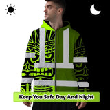 Hi Vis Zip Hoodie Reflective Tapes TiKi Hawaiian Polynesian Tribal Custom Name Safety Workwear For Workers, Truckers, Operators