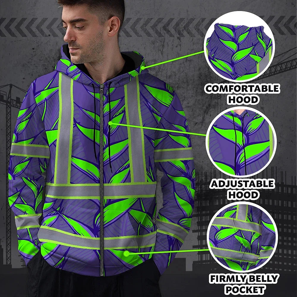 Hi Vis Zip Hoodie Reflective Tapes Violet Neon Green Heliconia Custom Name Safety Workwear For Workers, Truckers, Operators