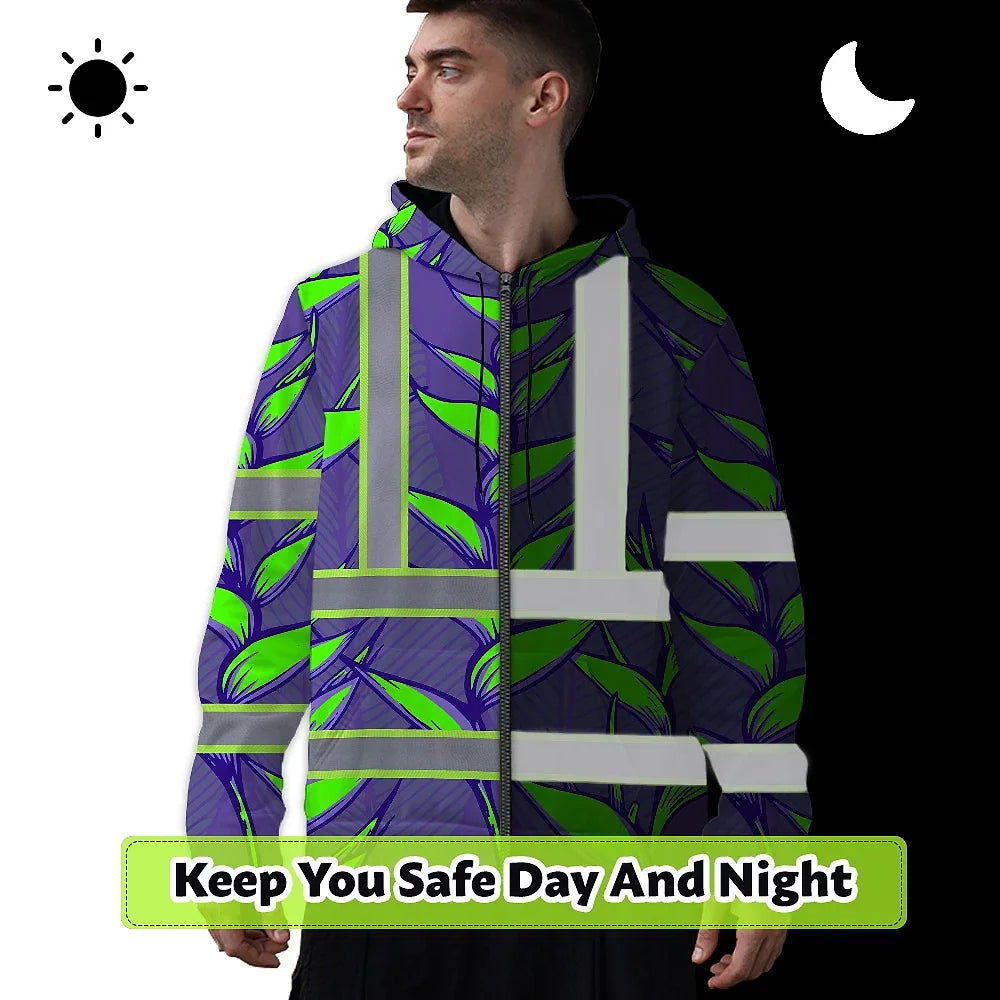Hi Vis Zip Hoodie Reflective Tapes Violet Neon Green Heliconia Custom Name Safety Workwear For Workers, Truckers, Operators