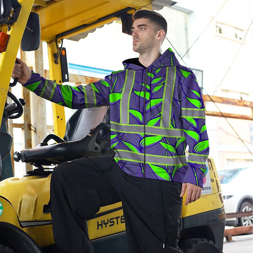 Hi Vis Zip Hoodie Reflective Tapes Violet Neon Green Heliconia Custom Name Safety Workwear For Workers, Truckers, Operators