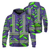 Hi Vis Zip Hoodie Reflective Tapes Violet Neon Green Heliconia Custom Name Safety Workwear For Workers, Truckers, Operators