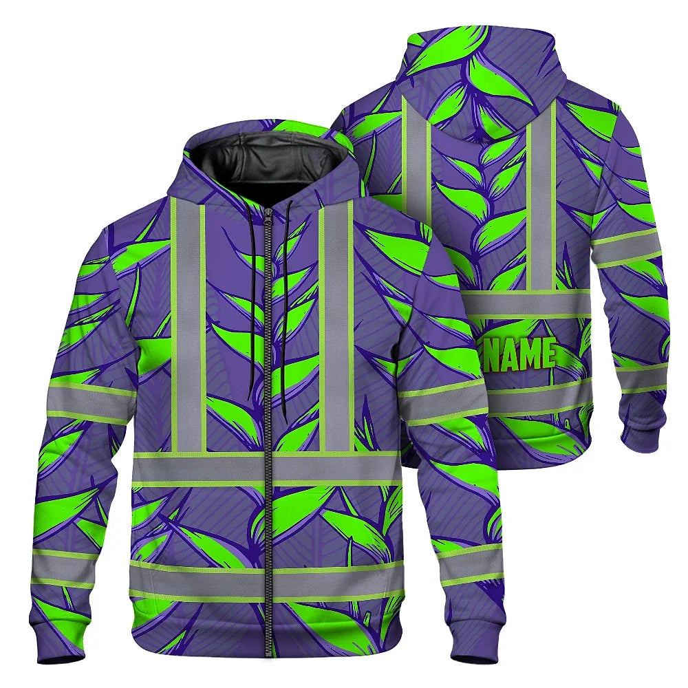 Hi Vis Zip Hoodie Reflective Tapes Violet Neon Green Heliconia Custom Name Safety Workwear For Workers, Truckers, Operators