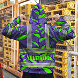 Hi Vis Zip Hoodie Reflective Tapes Violet Neon Green Heliconia Custom Name Safety Workwear For Workers, Truckers, Operators