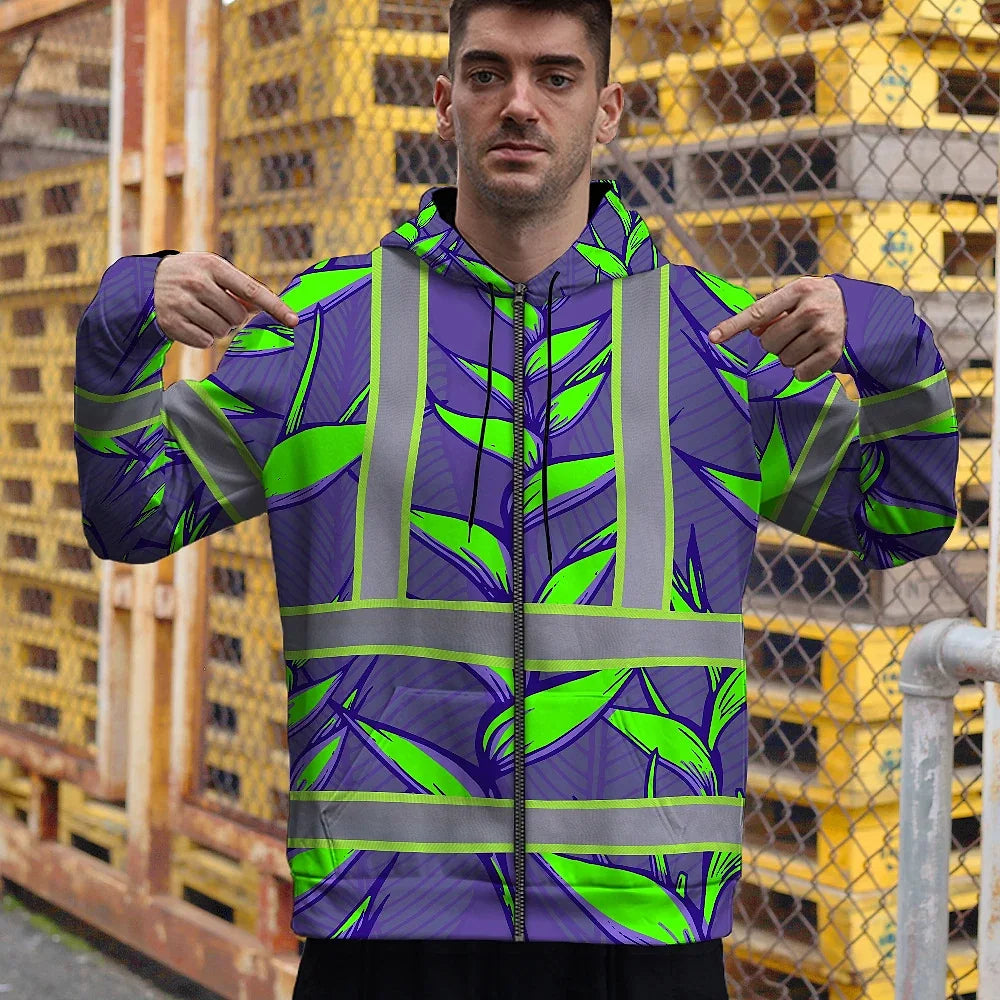 Hi Vis Zip Hoodie Reflective Tapes Violet Neon Green Heliconia Custom Name Safety Workwear For Workers, Truckers, Operators