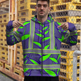 Hi Vis Zip Hoodie Reflective Tapes Violet Neon Green Heliconia Custom Name Safety Workwear For Workers, Truckers, Operators