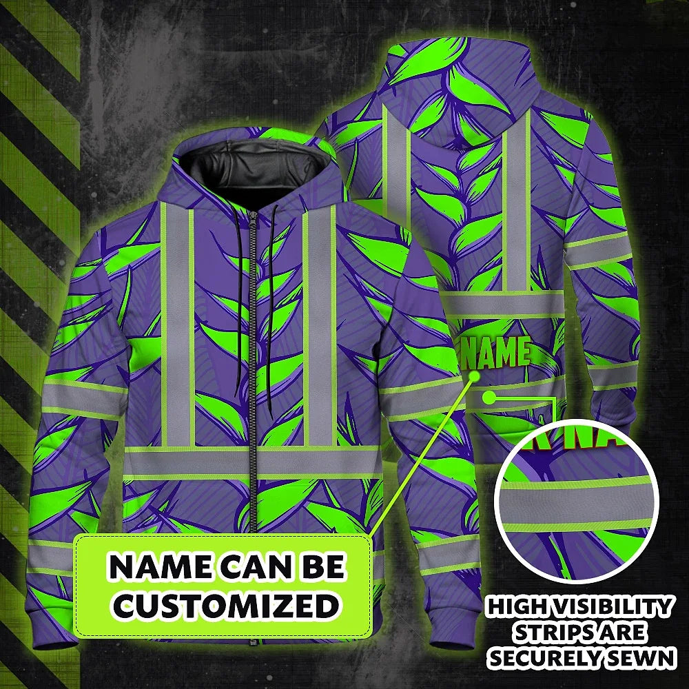 Hi Vis Zip Hoodie Reflective Tapes Violet Neon Green Heliconia Custom Name Safety Workwear For Workers, Truckers, Operators