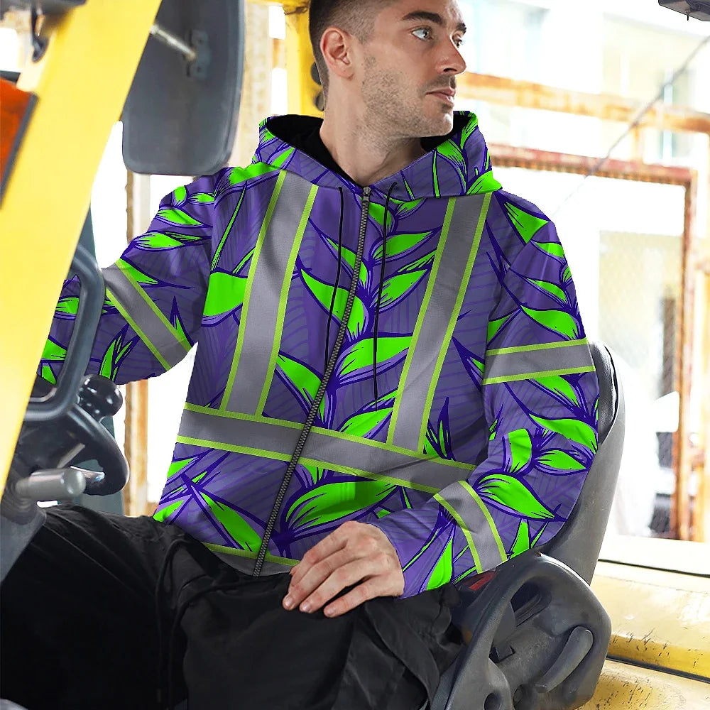Hi Vis Zip Hoodie Reflective Tapes Violet Neon Green Heliconia Custom Name Safety Workwear For Workers, Truckers, Operators