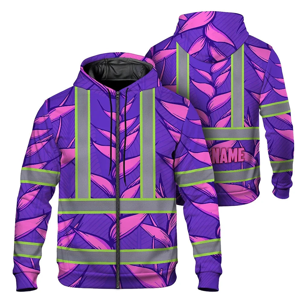 Hi Vis Zip Hoodie Reflective Tapes Violet Neon Pink Heliconia Custom Name Safety Workwear For Workers, Truckers, Operators
