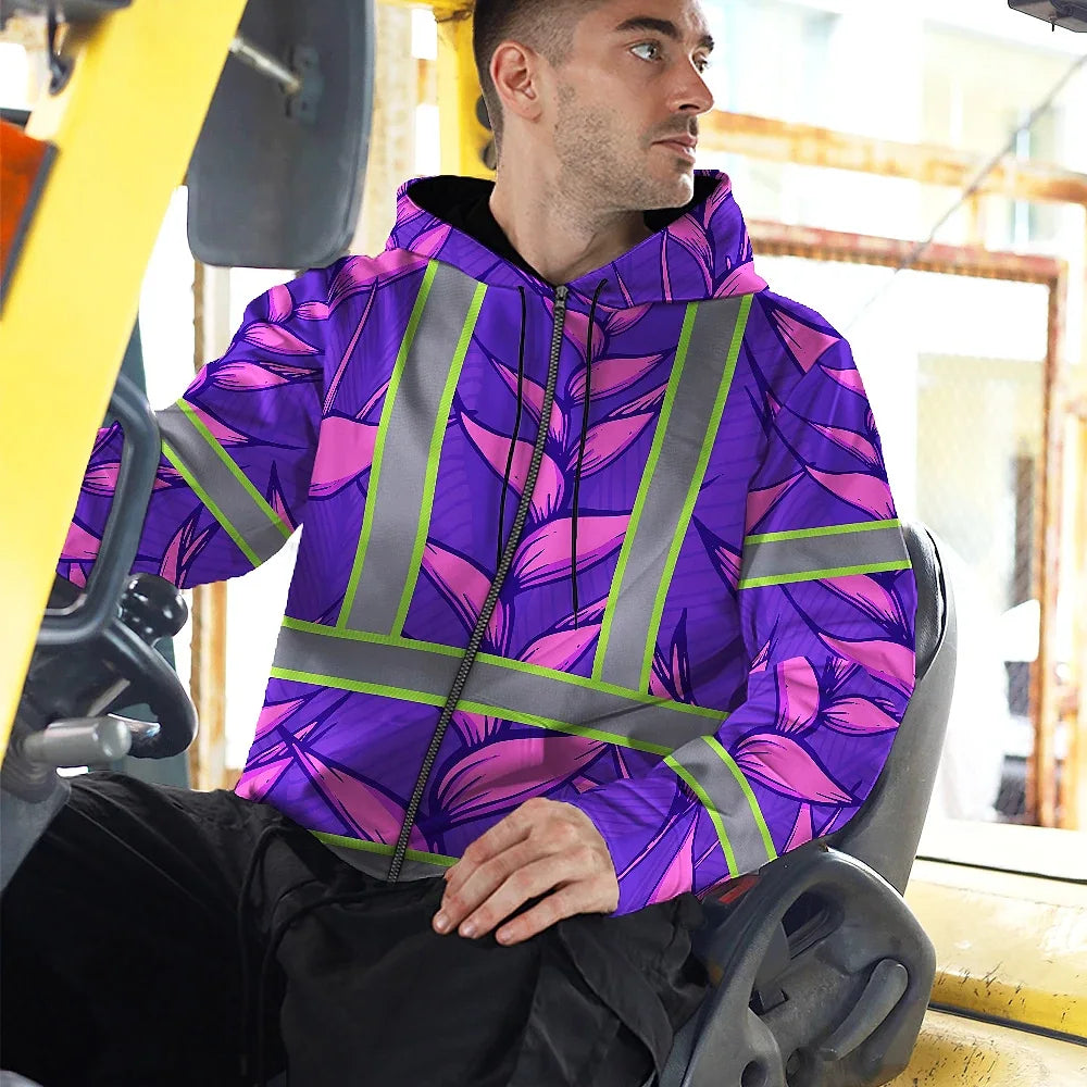 Hi Vis Zip Hoodie Reflective Tapes Violet Neon Pink Heliconia Custom Name Safety Workwear For Workers, Truckers, Operators