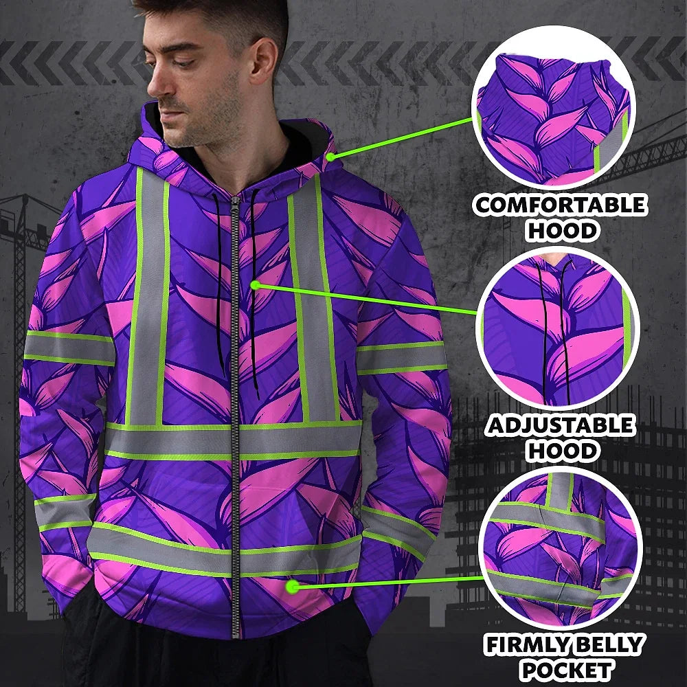 Hi Vis Zip Hoodie Reflective Tapes Violet Neon Pink Heliconia Custom Name Safety Workwear For Workers, Truckers, Operators