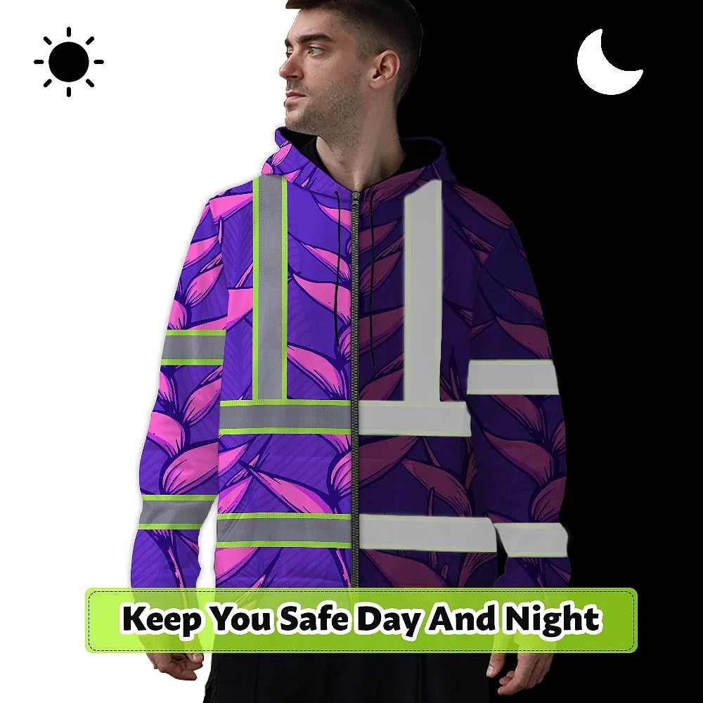 Hi Vis Zip Hoodie Reflective Tapes Violet Neon Pink Heliconia Custom Name Safety Workwear For Workers, Truckers, Operators
