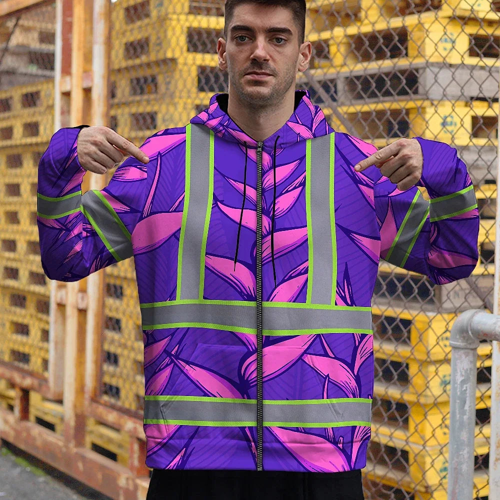 Hi Vis Zip Hoodie Reflective Tapes Violet Neon Pink Heliconia Custom Name Safety Workwear For Workers, Truckers, Operators