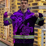Hi Vis Zip Hoodie Reflective Tapes Violet Neon Turtle Hawaiian Polynesian Custom Name
