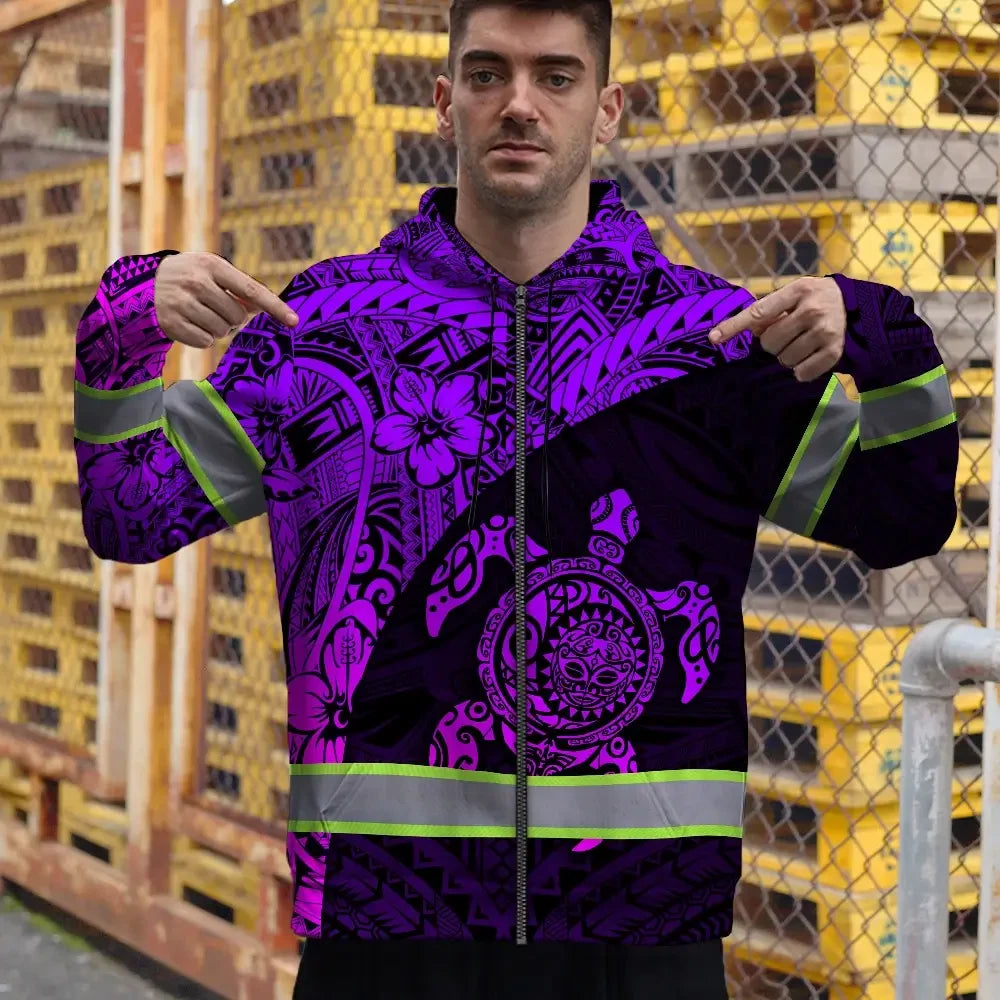Hi Vis Zip Hoodie Reflective Tapes Violet Neon Turtle Hawaiian Polynesian Custom Name