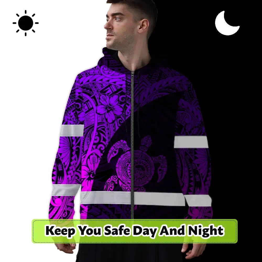 Hi Vis Zip Hoodie Reflective Tapes Violet Neon Turtle Hawaiian Polynesian Tribal Custom Name Safety Workwear For Workers, Truckers, Operators