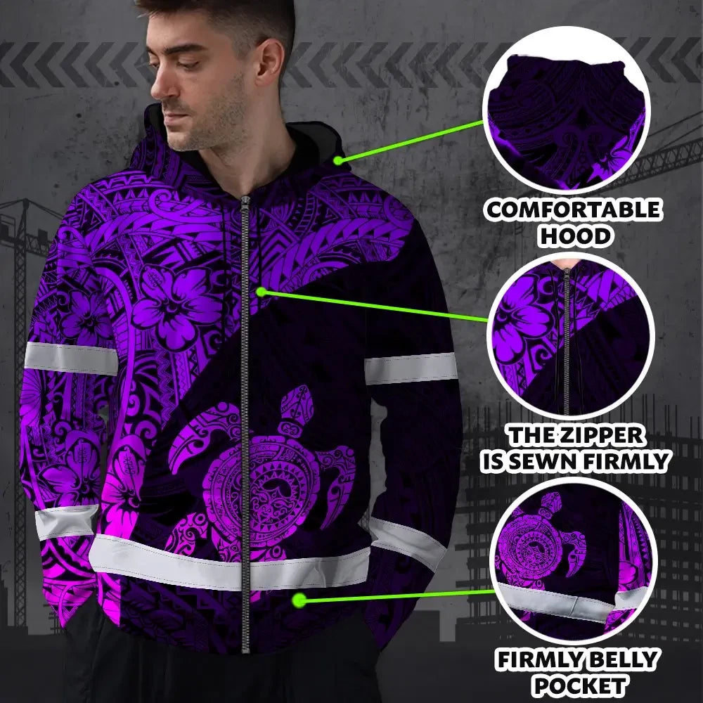 Hi Vis Zip Hoodie Reflective Tapes Violet Neon Turtle Hawaiian Polynesian Tribal Custom Name Safety Workwear For Workers, Truckers, Operators