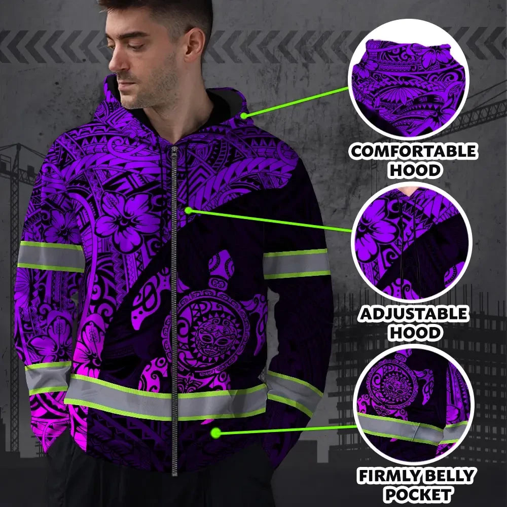 Hi Vis Zip Hoodie Reflective Tapes Violet Neon Turtle Hawaiian Polynesian Custom Name