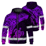 Hi Vis Zip Hoodie Reflective Tapes Violet Neon Turtle Hawaiian Polynesian Tribal Custom Name Safety Workwear For Workers, Truckers, Operators