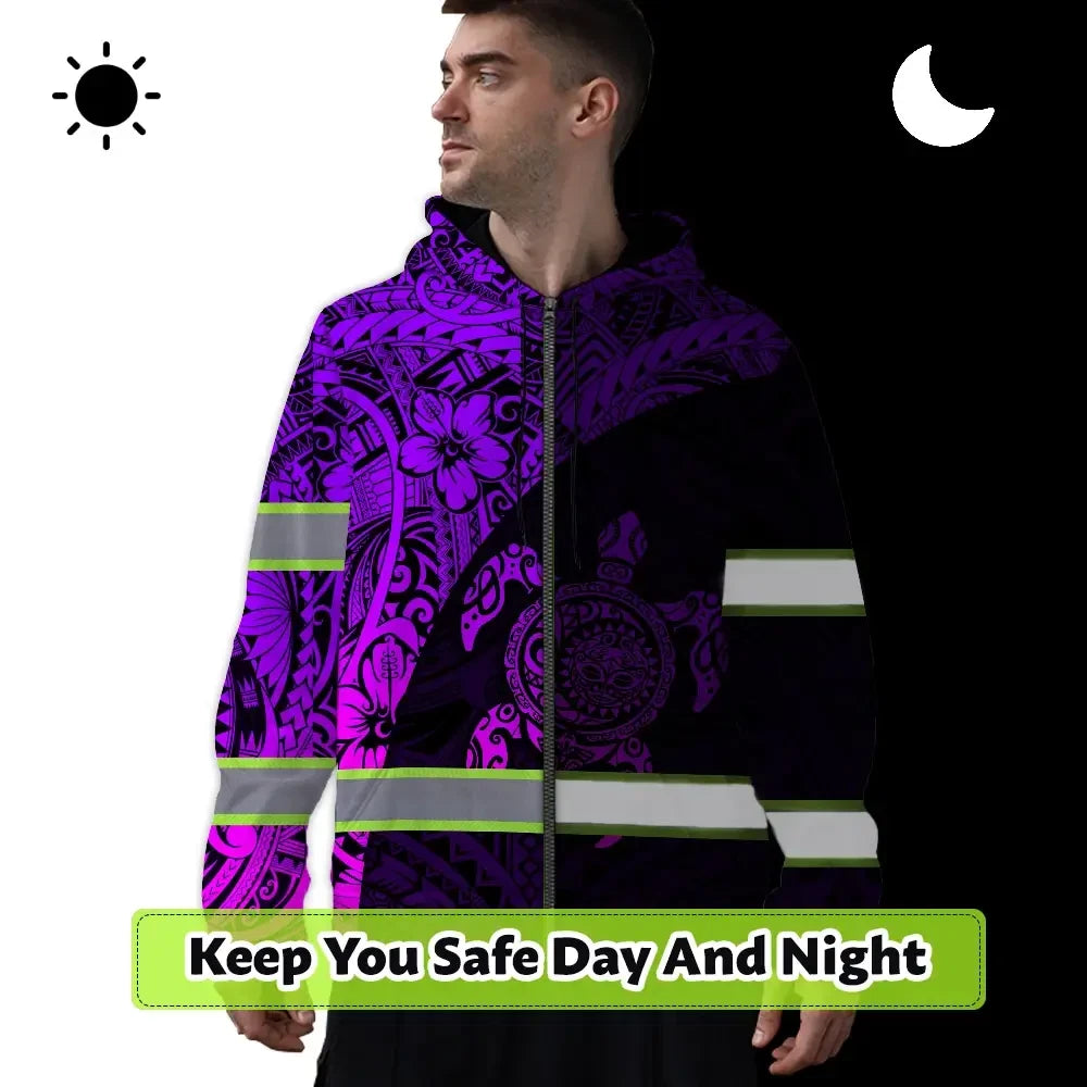 Hi Vis Zip Hoodie Reflective Tapes Violet Neon Turtle Hawaiian Polynesian Custom Name