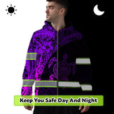 Hi Vis Zip Hoodie Reflective Tapes Violet Neon Turtle Hawaiian Polynesian Custom Name