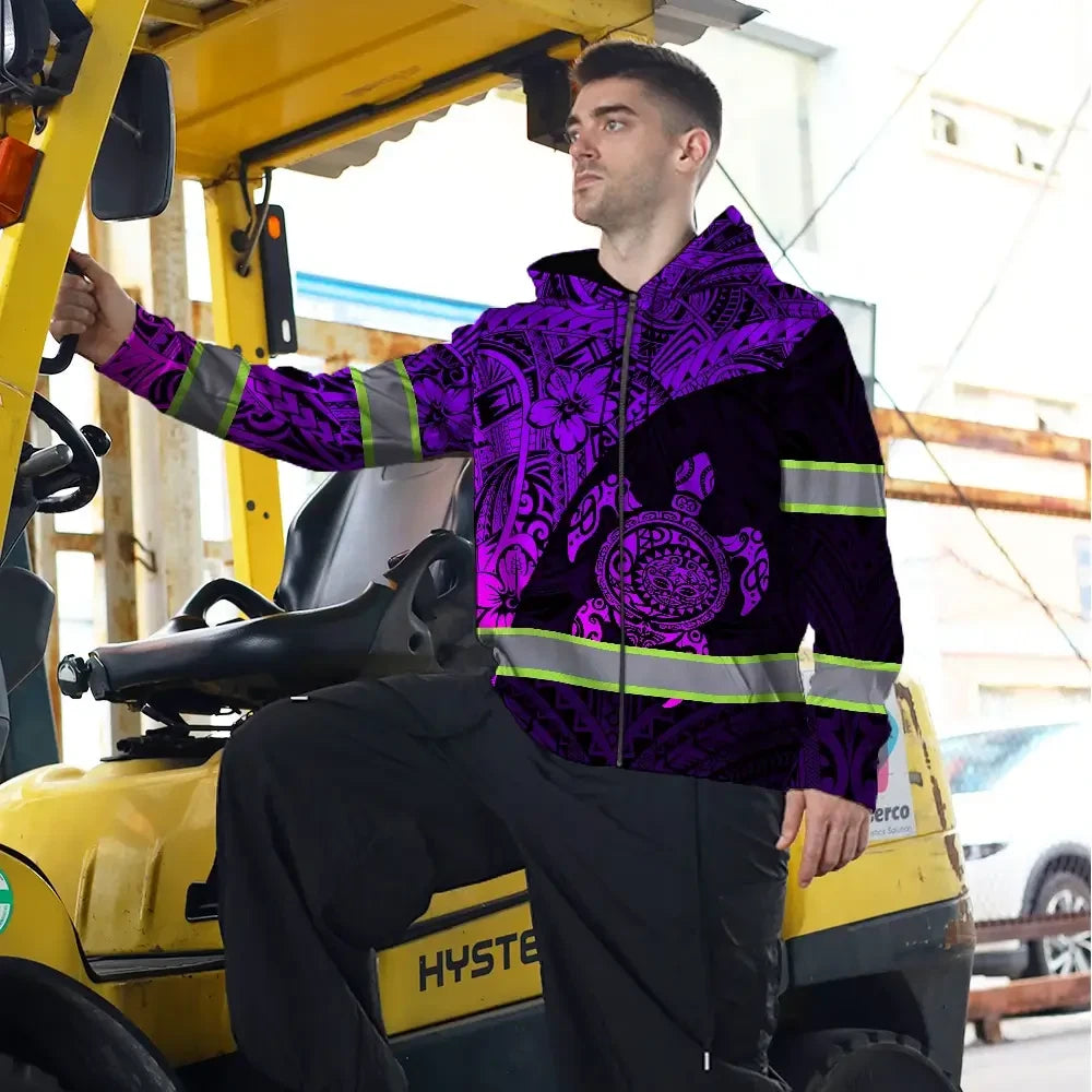 Hi Vis Zip Hoodie Reflective Tapes Violet Neon Turtle Hawaiian Polynesian Custom Name
