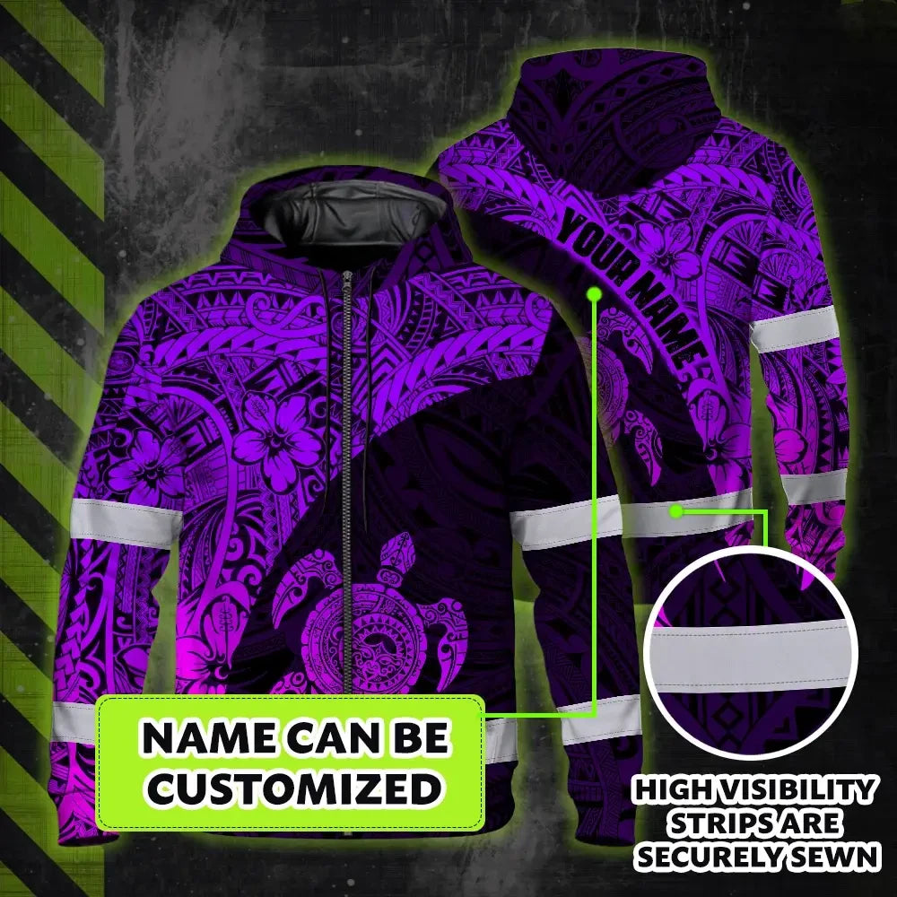 Hi Vis Zip Hoodie Reflective Tapes Violet Neon Turtle Hawaiian Polynesian Tribal Custom Name Safety Workwear For Workers, Truckers, Operators