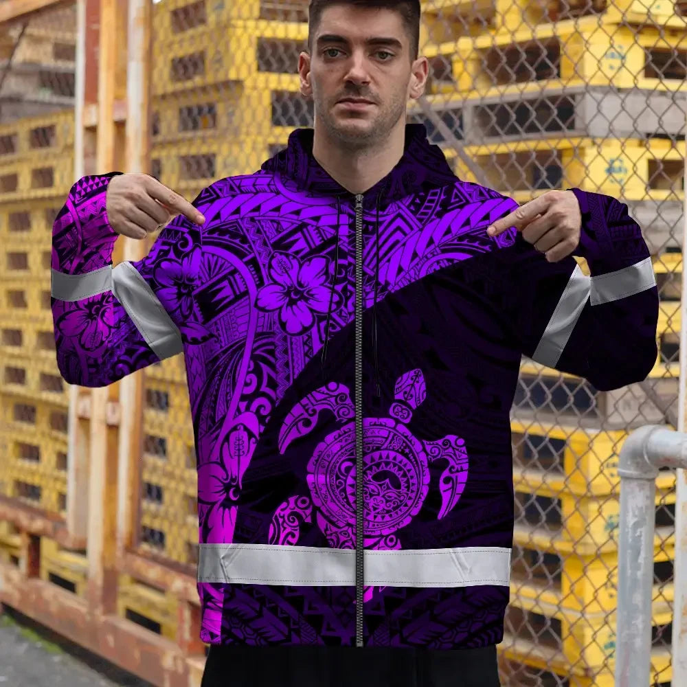 Hi Vis Zip Hoodie Reflective Tapes Violet Neon Turtle Hawaiian Polynesian Tribal Custom Name Safety Workwear For Workers, Truckers, Operators