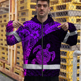 Hi Vis Zip Hoodie Reflective Tapes Violet Neon Turtle Hawaiian Polynesian Tribal Custom Name Safety Workwear For Workers, Truckers, Operators