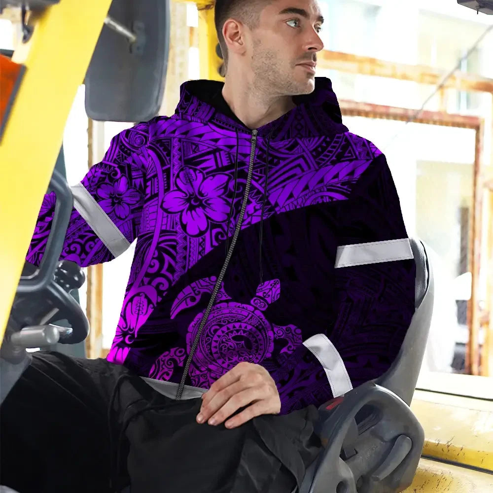 Hi Vis Zip Hoodie Reflective Tapes Violet Neon Turtle Hawaiian Polynesian Tribal Custom Name Safety Workwear For Workers, Truckers, Operators