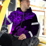 Hi Vis Zip Hoodie Reflective Tapes Violet Neon Turtle Hawaiian Polynesian Tribal Custom Name Safety Workwear For Workers, Truckers, Operators