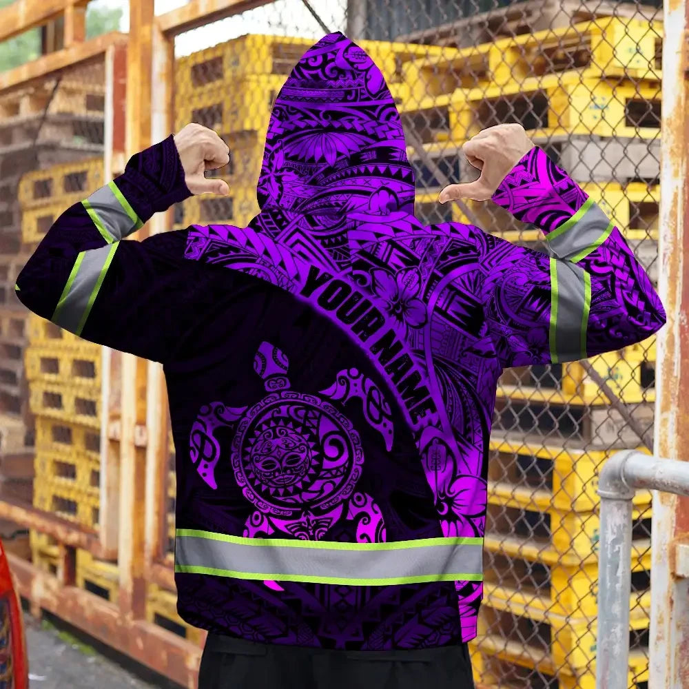 Hi Vis Zip Hoodie Reflective Tapes Violet Neon Turtle Hawaiian Polynesian Custom Name