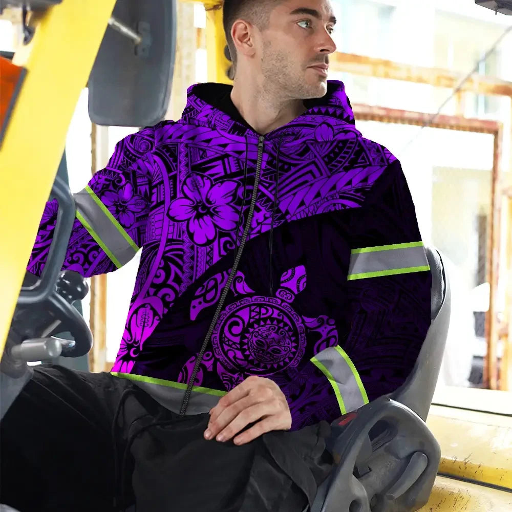 Hi Vis Zip Hoodie Reflective Tapes Violet Neon Turtle Hawaiian Polynesian Custom Name